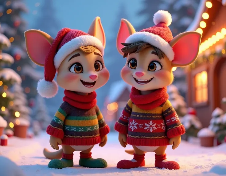 Create two ren in Christmas clothes, with smiling faces, bright eyes, pixar style, ultra wide image, 8k, high resolution.