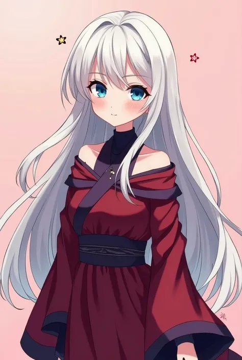 anime style , elderly girl with long white hair , deep blue eyes , pale skin , in a dark red off-shoulder dress with long neck in dark purple and fabric black loose around her arms in asiatic style, pale pink background and a little ink spirit behind