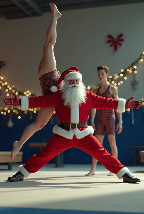 Santa Claus doing a gym split with one  doing handstand around him, in a gymnastic studio Christmas decorated. 