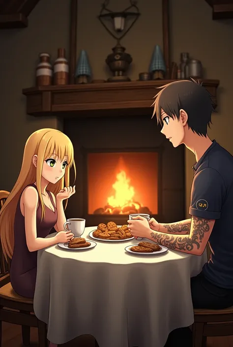 anime.  In a cozy room illuminated by the warmth of a fireplace ,  two figures share a quiet meal . To the left, Eliett ,  a young woman with long blond hair ,  sits elegantly in front of a hot cup .  To her right is Nick ,  identified as “Doctor” with a m...