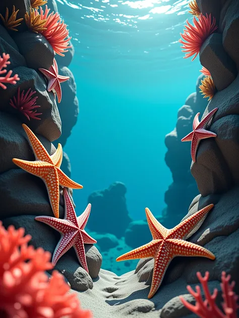 underwater world with reefs, starfish, rocks, algae, high-quality photos, rich colors, beautiful light blue water