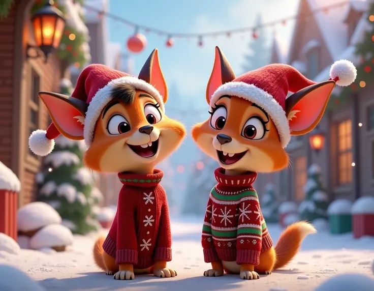 Create two ren in Christmas clothes, with smiling faces, bright eyes, pixar style, ultra wide image, 8k, high resolution.