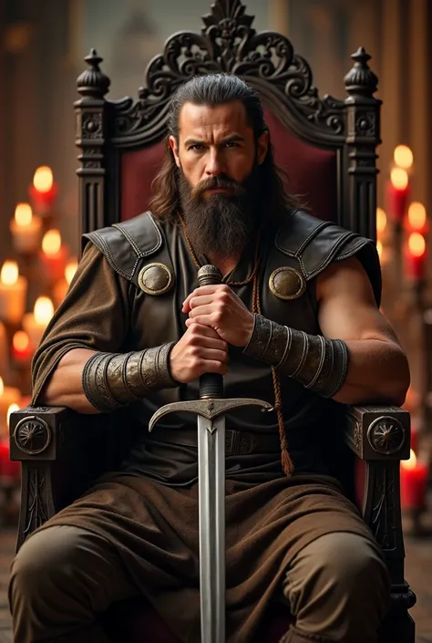 A manly man with beard and mustache, dressed in medieval clothing, sitting on a throne, holding a sword, Conan the Barbarian style, with a confident look, professional lighting, in the background a room like a temple, candles all around.