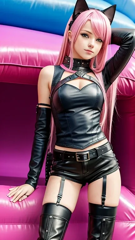  teen with pink hair, Slim model,  leather top , Faltenrock leder,  leather arm warmer blue ,  knee-high leather boots, Cat ears, bouncy castle  
