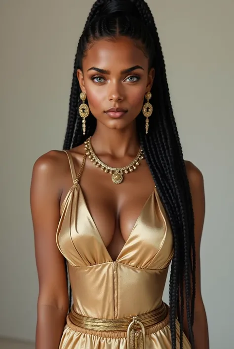 a sexy 20 year old liberian greek woman with golden skin color with thick black threaded eyebrows with long black ponytail braids with boujee baby hairs around her hairline with almond shaped blue eyes. Extremely beautiful naturally. Supermodel with perfec...