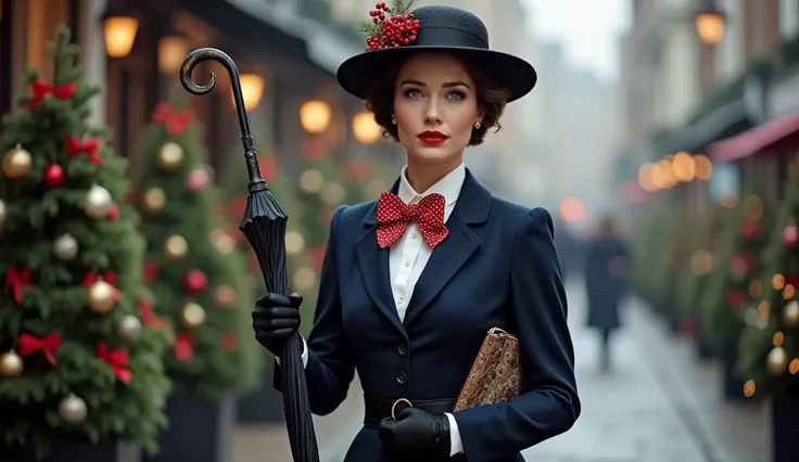  Create a realistic image of Emily Blunt as Mary Poppins .  She is wearing a custom-made navy blue suit with a fitted silhouette and a flared skirt ,  neatly fastened over a crispy white blouse with a red and white polka dot bow tie on the collar.  In one ...