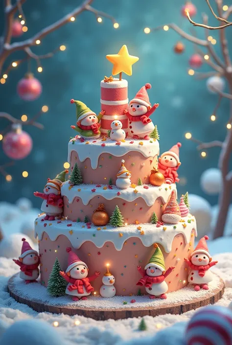 Whimsical Christmas-themed cake, beautifully decorated with colorful frosting and sprinkles, featuring cute holiday characters such as (tiny) elves and (jolly) snowmen. The cake is surrounded by (sparkling) fairy lights in a magical winter wonderland setti...