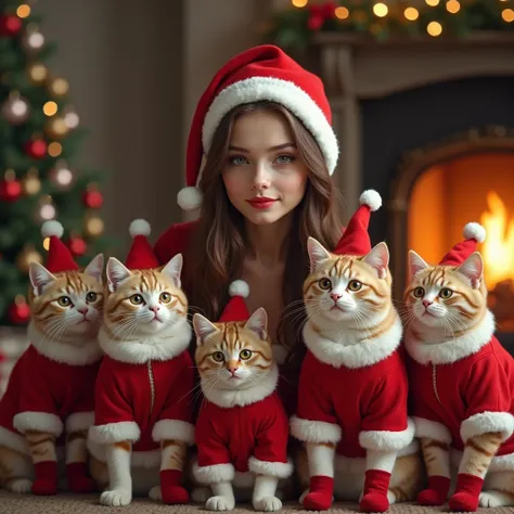 A group of cats dressed as Santa Claus surround a beautiful young  woman, photorealistic, indoors with a fireplace in the background,