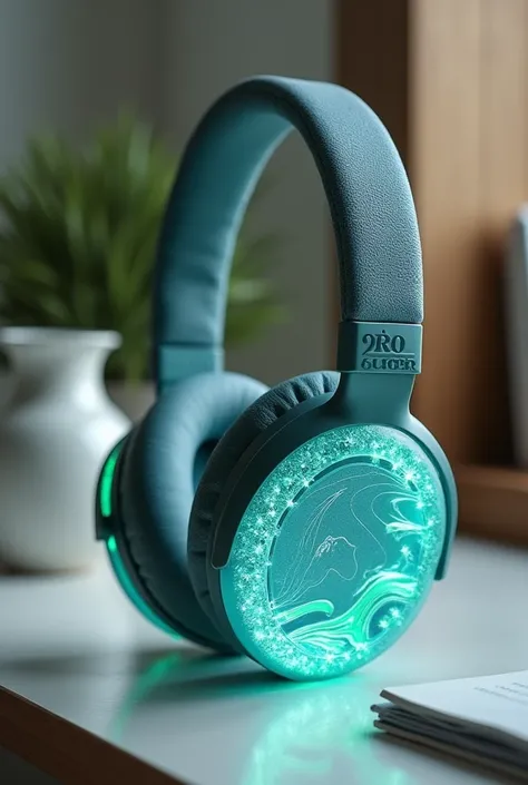 A pair of headphones designed to resemble flowing rivers, showcased on a polished desk in a serene office. The ear cups are textured with wave-like patterns in translucent blue and green hues, glowing faintly with flowing animations that mimic the movement...