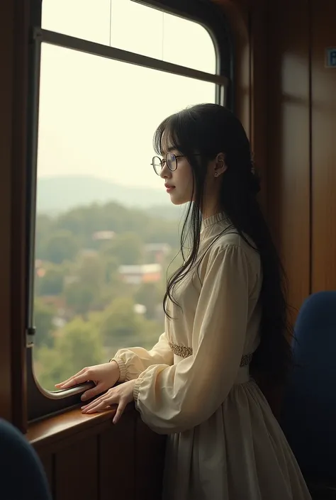 Graceful girl in long sleeve long skirt long hair is staring out the window of the train with glasses 