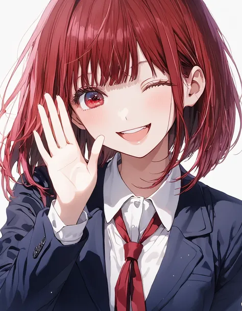  top quality 、Arima Kana、Baby Face、 innocent girl、 red hair、 bob cut、Red eyes、White porcelain skin 、 top quality 、 school uniform、 navy blue blazer、 red ribbon tie、 close one eye 、 winks、 smiles、 raise your right hand、Bend your right elbow、salute