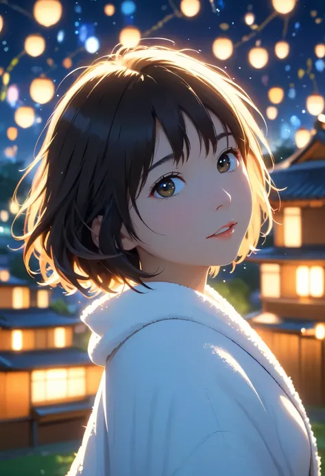 masterpiece,  high res,  illustration,  Kyoto animation style, movie style: your name,  night , mid night , Gentle Light, Fascinating Light, (1 female: 1.3), (Alone: 1.4),  has long eyelashes,  short bob, nose_, open_mouth, futon,  nudity,  , towel, Kirarh...