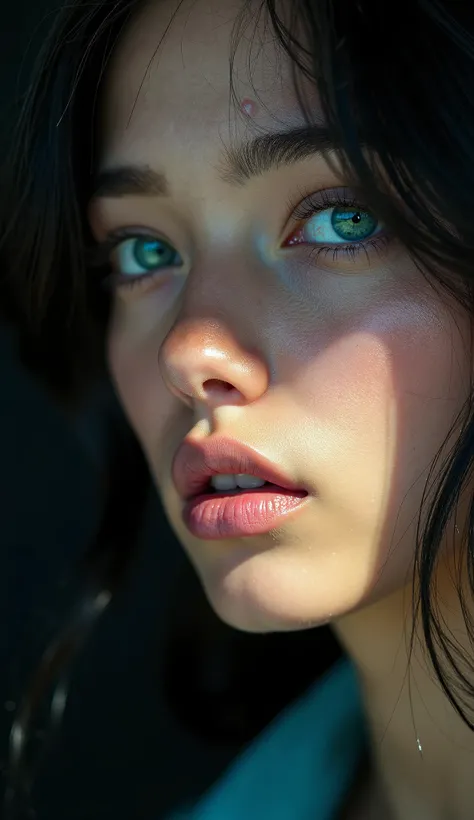  In the professional realistic photography style we see a close up of the lips of a beautiful young woman with eyes of different colors, the left eye being green and the right eye blue she is wearing Baton in the color turquoise blue, locks of smooth black...