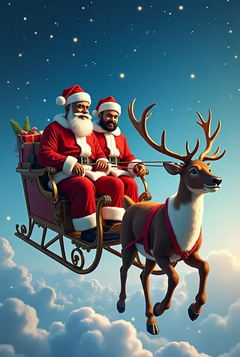 Create  an image of mohanlal and mamothy as santa who is  going on a deer can through  sky and talking each other
