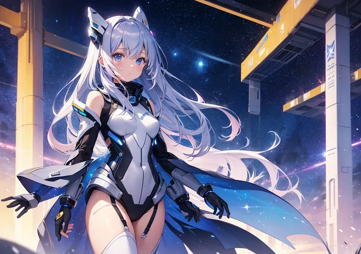 A beautiful girl stands on the launch pad of a spaceship against the backdrop of a starry sky. The girl has long, shiny silver hair that is dyed a pale blue at the tips, reflecting the sparkle of space. Her anime-style eyes shine with a deep purple and sil...