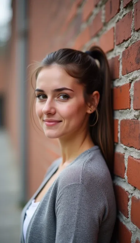 A 35-year-old woman with her hair in a ponytail, wearing a cardigan, standing near a brick wall.