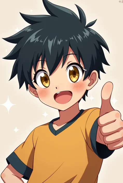  An anime boy with black short hair, yellow eyes that show thumbs up