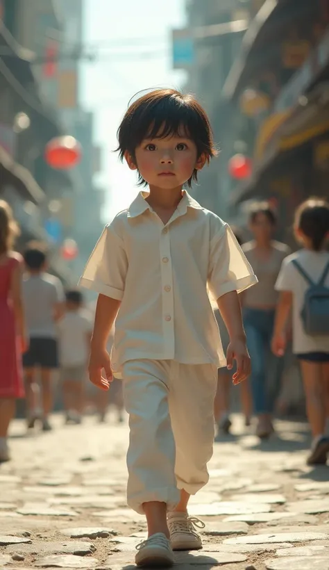 Please make the character of the village youth in white clothes in white pants wandering into the city