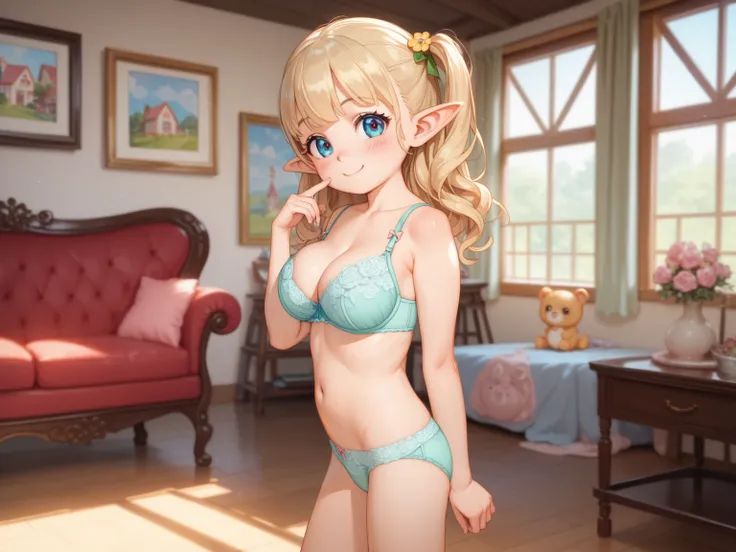 8k, accurate anatomy, Masterpiece、 top quality ,  super high res, super realistic, anime style, apply dark mosaic to her pubic area, blushes so much,smile,｛elf,Blonde,幼気なYoung girl,幼気なinfant,A young girl, Innocent Face ,,Young girl,Young face,Girl,(loli:1....