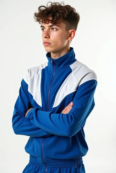 "Create a high-quality, realistic portrait of a young man aged 15 with a curtain hairstyle, standing against a plain white background. He is wearing a blue and white tracksuit. He is standing with his arms crossed, looking to the side with a determined exp...