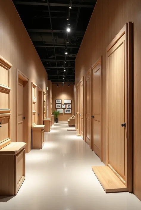  three modern plywood showroom showcasing plywood doors,plywood door frames,cnc jali,wpc boards and other related items  