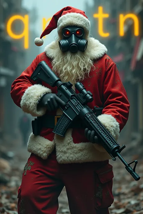 Santa Claus in a gas mask holding a machine gun
Highlight in the word "QRTN" In the background in yellow 
War scenario 