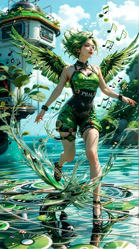 score_9,score_8_up,score_7_up,Premium 2x,( in the style of Unreal Engine 5 , A green-haired bard , and play a black pipa , green music with water notes flying around her, stand in reflective water : 1.5)