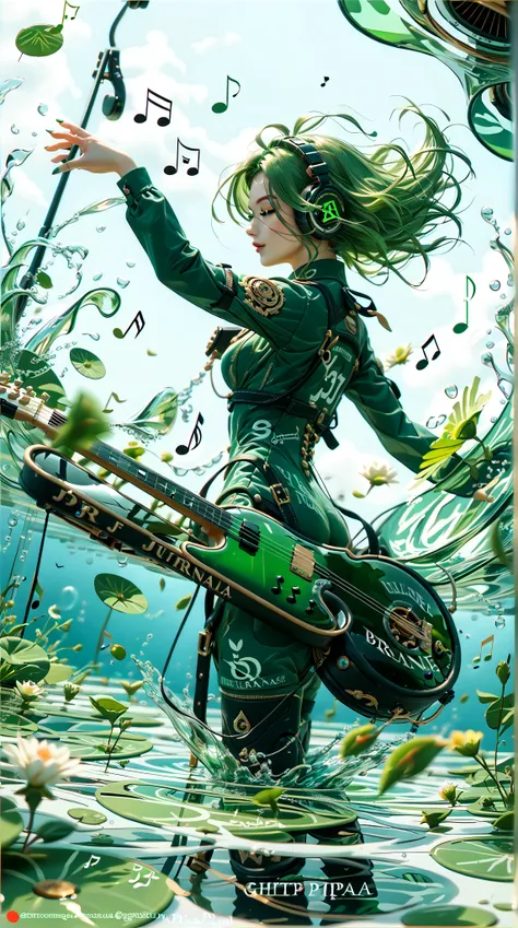 score_9,score_8_up,score_7_up,Premium 2x,( in the style of Unreal Engine 5 , A green-haired bard , and play a black pipa , green music with water notes flying around her, stand in reflective water : 1.5)