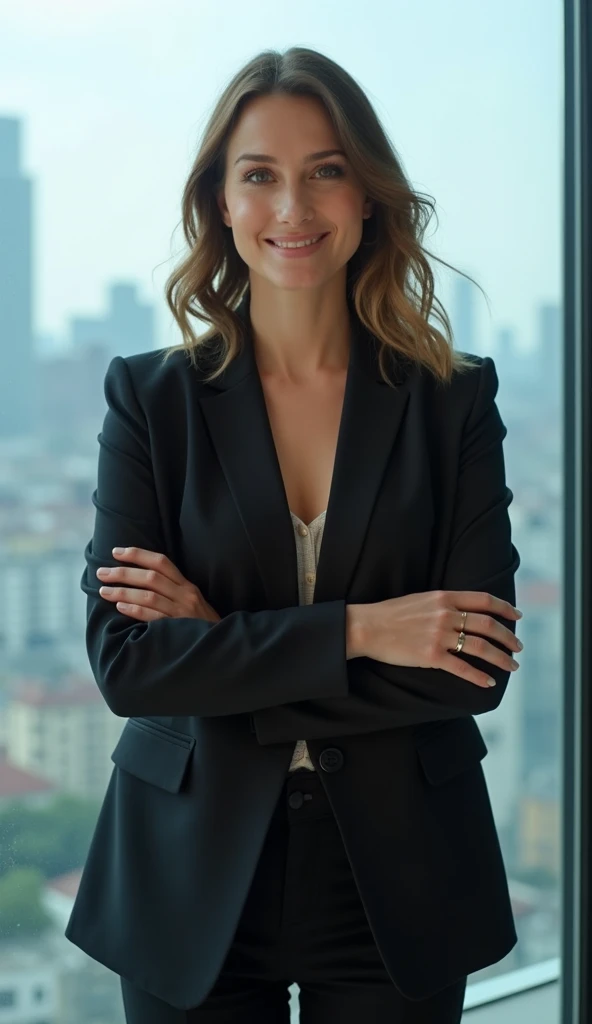 A 37-year-old woman wearing a formal blazer, standing in front of a large glass window with a city view.