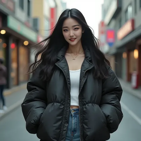 (best quality,4k,8k,highres,masterpiece:1.2),ultra-detailed, Korean Goddess Eopsin as a college student, Woman of Korean decent, black hair, rich girl, bulky jacket, on a city street, Arrogant smile on her face, looking at viewer, HDR, 8k, absurdres, cines...