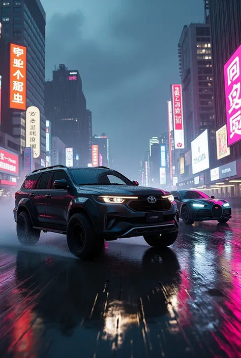 3 cars toyota land cruiser armoured, Toyota hilux truck in black colour and Bugatti cheron racing in neon light city in rain 