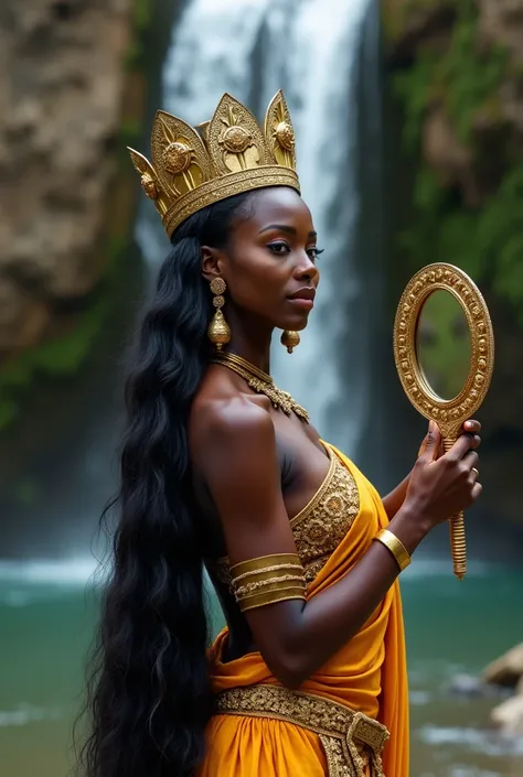   beautiful image of Oxum beautiful African woman wearing majestic clothes and gold accessories on her head a crown.   Long black hair with a mirror in her hand  . She is next to a beautiful waterfall  