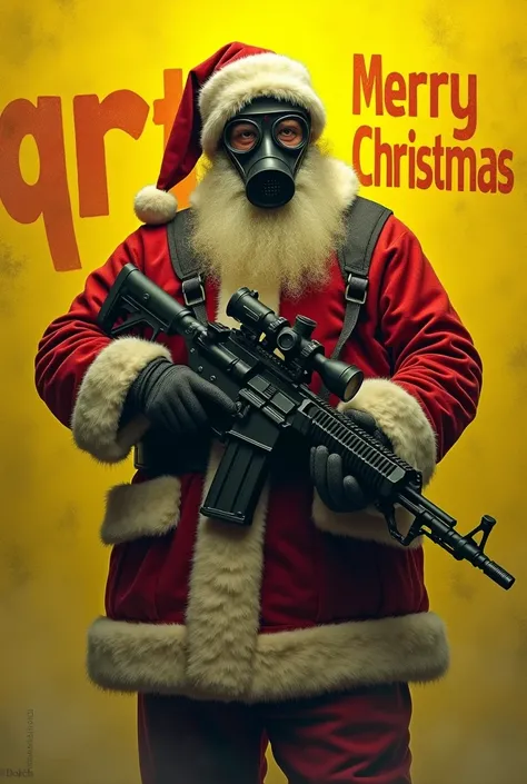 Santa Claus in a gas mask holding a machine gun
Highlight in the word "QRTN"  on the yellow background 
War scenario
Phrase "Merry Christmas" in red on the front 