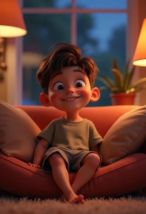 TETECO A  BOY on the couch at home at night looking forward and smiling, bermuda, filme da disney 3d animation, disney pixar