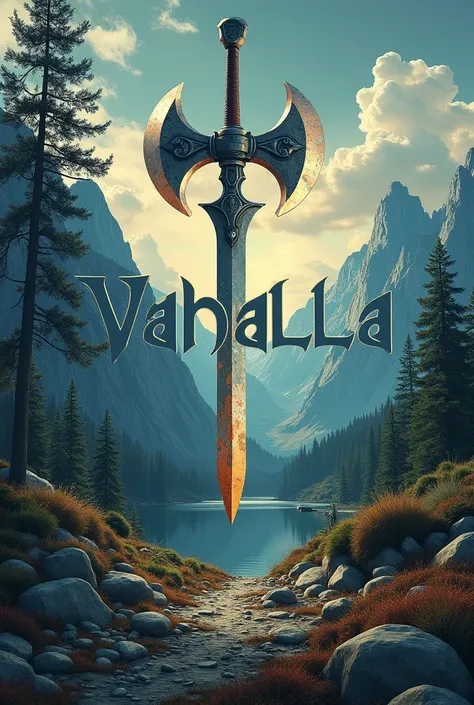 Poster format paysage avecinscription graffiti "Valhalla" avec en fond hache viking et épée 