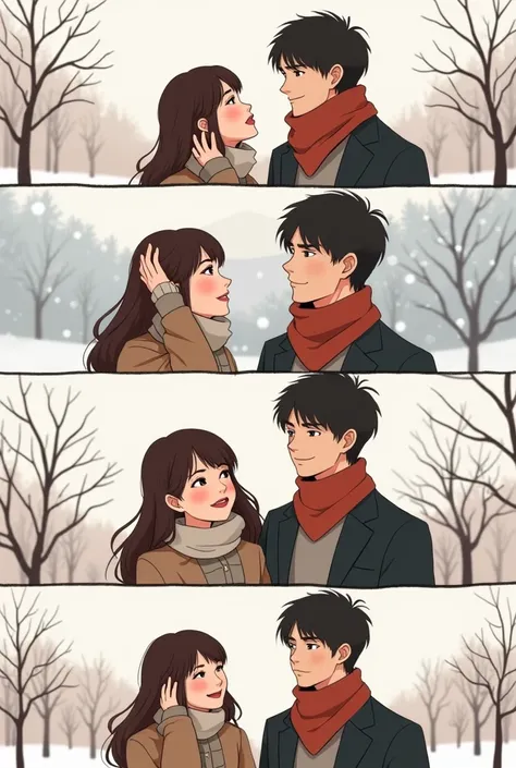 This is an image in the form of a 4-cut comic, where a male and female couple cover each others ears on a cold day