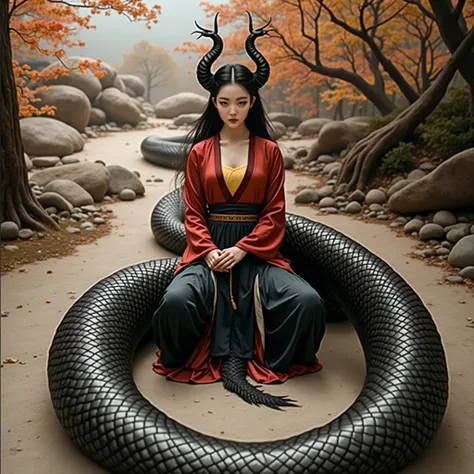 black scales(best quality,4k,8k,highres,masterpiece:1.2),ultra-detailed, Korean Goddess Eopsin, Woman of Korean decent, wearing red Hanbok, yellow top, body of a woman, snakes tail in place of legs, black lamia scales, looking at viewer, drawn in the style...