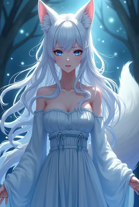 Nine-tailed fox, realistic anime, blue eyes, white hair, woman