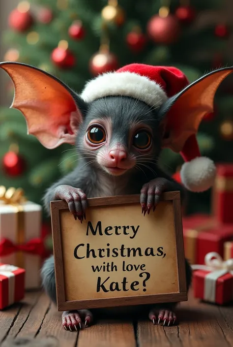 (( masterpiece , highest quality, Higher Image Quality , High resolution, photorealistic , foto RAW, unified CG wallpaper extremely detailed )), Close-up of a baby bat  weater (gothic style), Santa hat on head , appealing to the camera , large “Merry Chris...