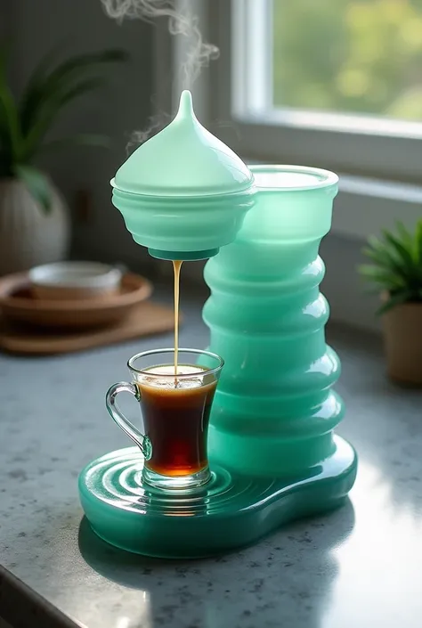 A coffee maker shaped like a cascading waterfall, showcased on a polished stone countertop in a tranquil kitchen. The body is an elegant, undulating form in translucent, aqua-toned resin, with layers that flow downward like rippling water. The spout extend...