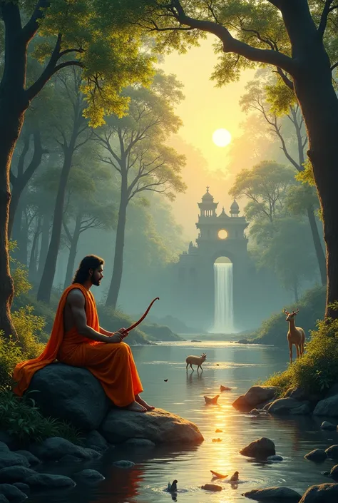 An awe-inspiring cinematic scene from the Valmiki Ramayana, depicting a serene forest landscape with tall ancient trees, a calm river flowing through, and the hermitage of Sage Valmiki glowing with a mystical light. In the foreground, Lord Rama, dressed in...