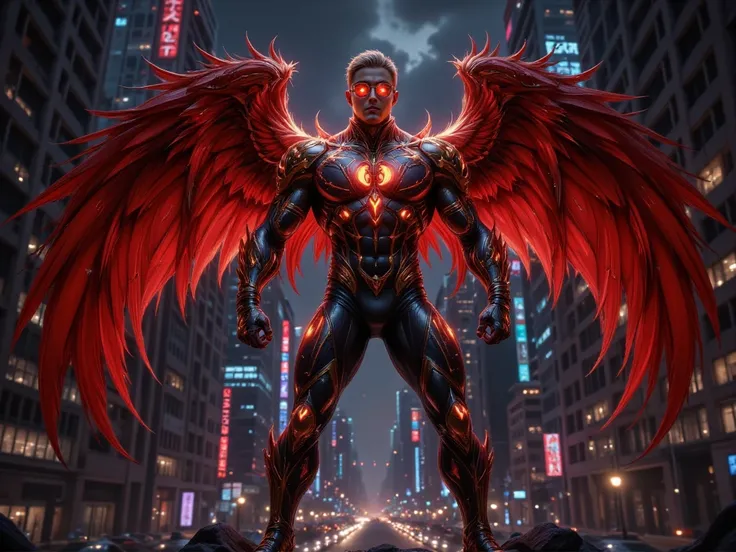 Create a design of a man in a Gundala costume inspired by the Garuda bird from Indonesias national symbol. with large red and gold bird wings, its body shape is muscular and flexible. The main colors are red, gold and black. His armor has sharp bird-shaped...