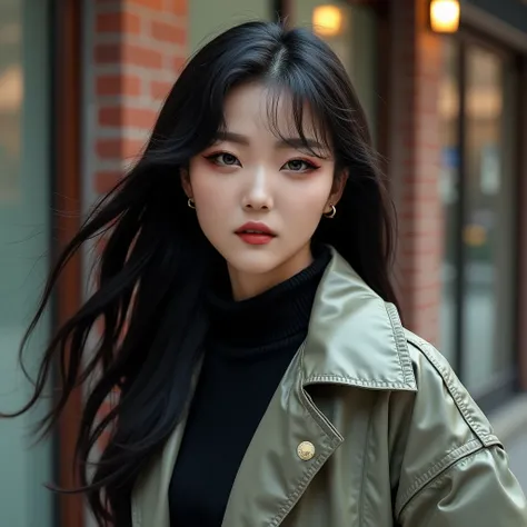 (best quality,4k,8k,highres,masterpiece:1.2),ultra-detailed, Korean Goddess Eopsin as a college student, Woman of Korean decent, black hair, rich girl, bulky jacket, Arrogant smile on her face, looking at viewer, HDR, 8k, absurdres, cinestill 800, sharp fo...