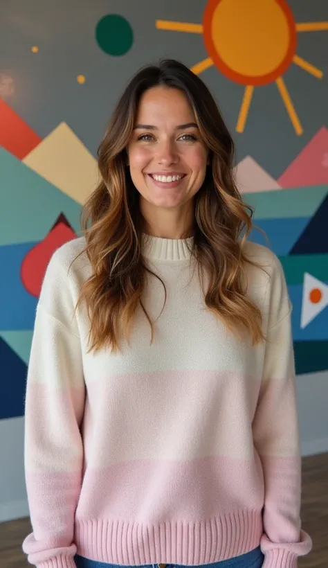 A 37-year-old woman in a pastel sweater, standing in front of a modern art mural.