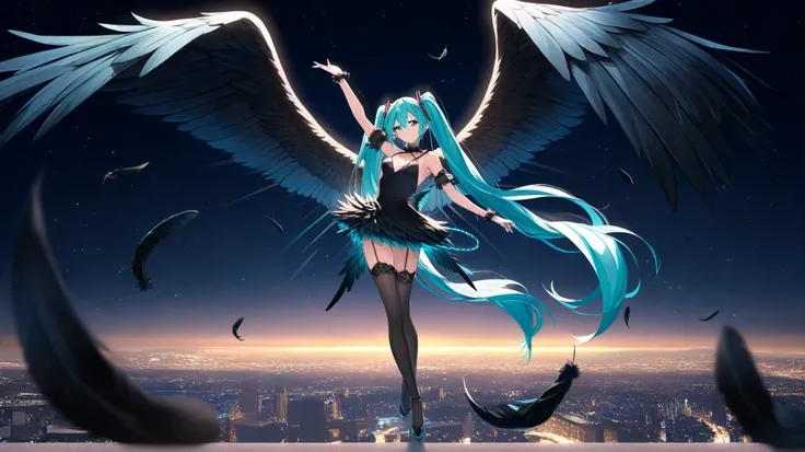 Hatsune Miku flaps her wings like dancing with black feathers in the night sky of the city, vibrant,looking at viewer, masterpiece,  Very Aesthetic Masterpiece,  top quality , up to date, full body shot