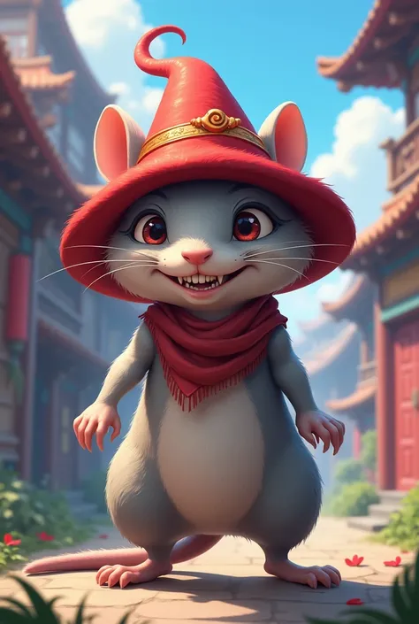 half-himan rat with a red hat in anime style