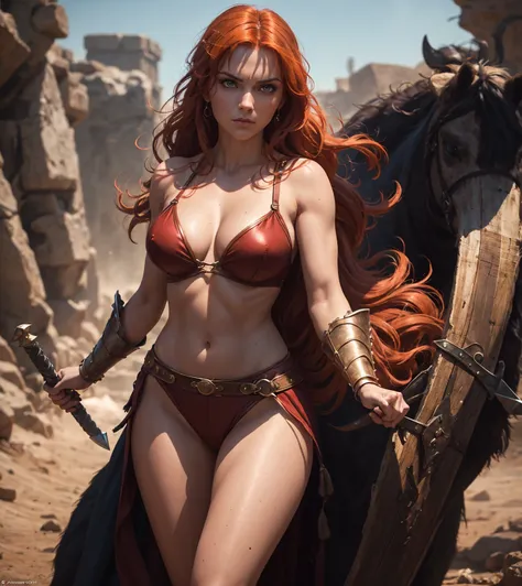  In this cinematic portrait of exceptional quality in stunning 8K resolution,  masterfully captured by the Canon EOS R6 ,  bear witness to the legendary Red Sonja . The cinematic volumetric light surrounds the scene,  highlighting the impressive presence o...