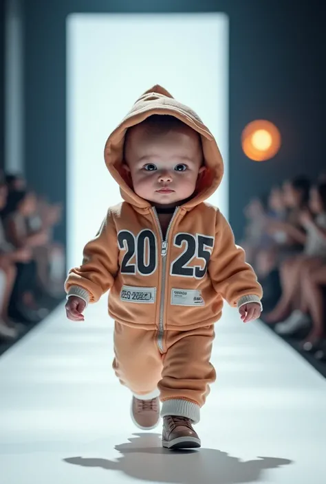 Create a picture of a baby on a runway . It is wearing clothes with the inscription 2025 