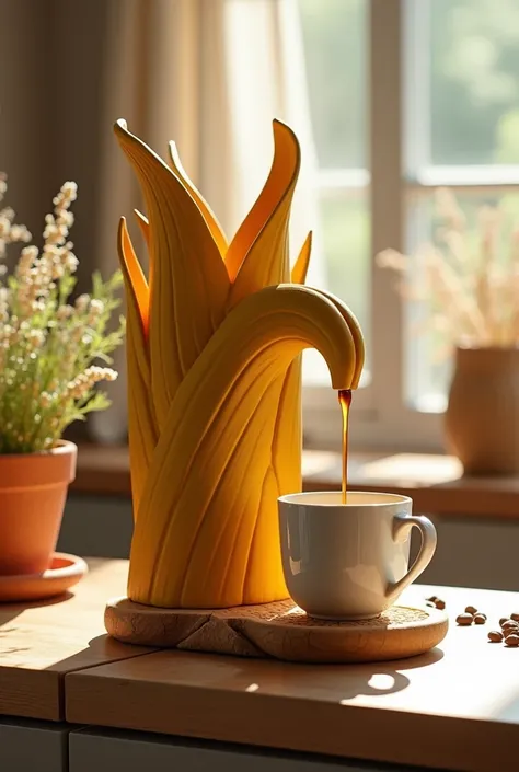 A coffee maker inspired by the vast grasslands of the savannas, prominently placed on a rustic wooden countertop in a bright, earthy kitchen. The body curves upward like intertwined stalks of tall grasses, textured with a matte golden-yellow finish that ca...