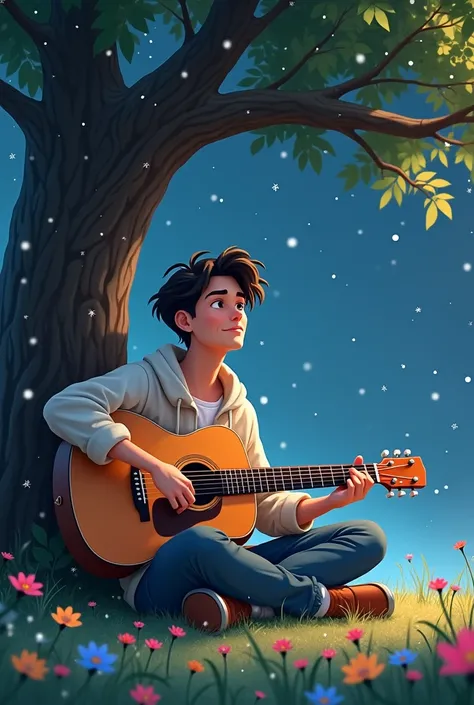 Young man playing guiter under the tree and falling snows and with flower at night